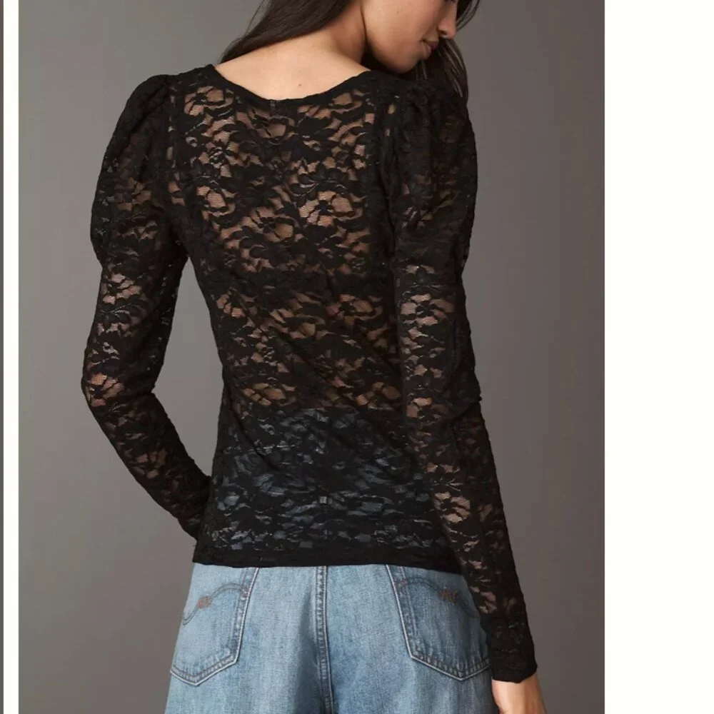 NWT Anthropologie Puff-Sleeve Sheer Lace Top Whimsigoth Moody Festival Size S
